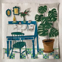 30x30 cm escriptori blau i planta