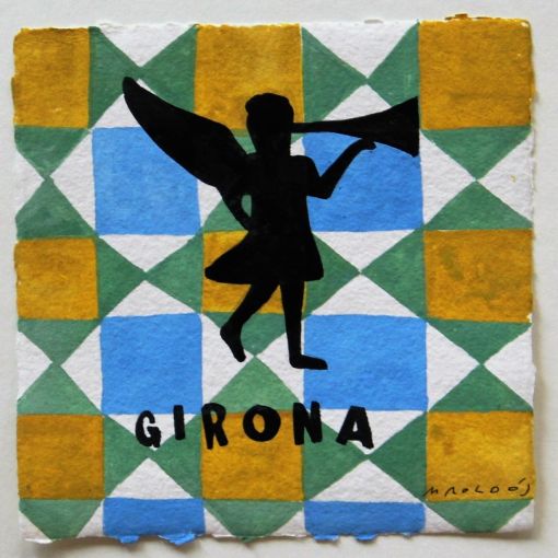 montse roldos angel amb trompeta sobre rajola verdblau i ocre 15x15cm    sense iva .