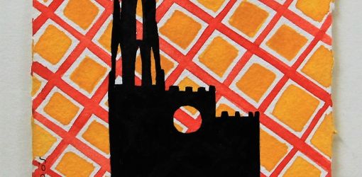 montse roldos catedral amb roseto sobre grog i vermell 15x15cm    sense iva.